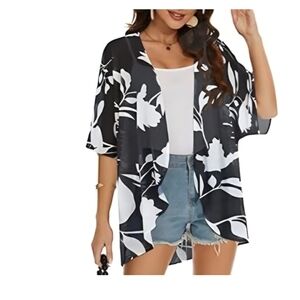 Floral Black and White Kimono
